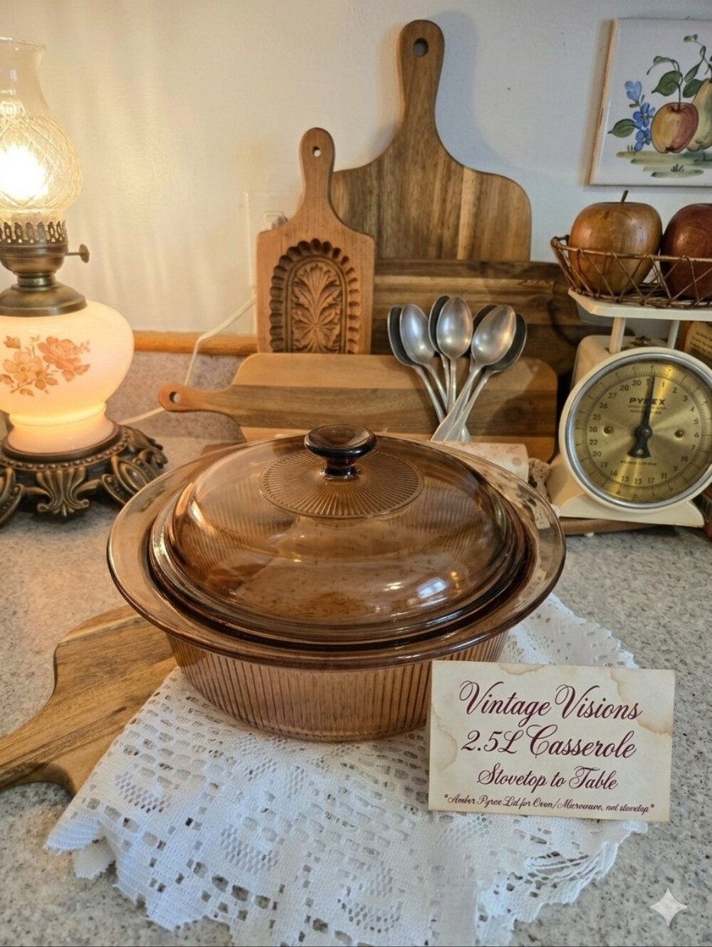 Vintage Corning Visions 2.5L Amber Glass Casserole Dish V-33-B w/ Pyrex Lid